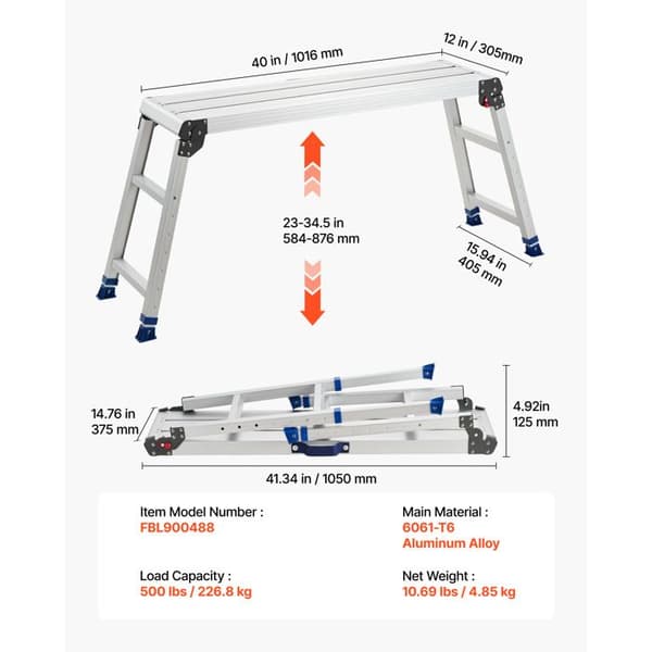 Foldbar Arbejdsplatform 1016x305 mm-Duoku-med Justerbar Højde 584-876 mm, Stige i Aluminiumlegering