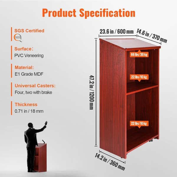Träpodium - DUOKU - 47" Högt - 4 Hjul - Justerbara Hyllor - Lutad Skrivbord