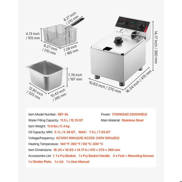 Professionel elektrisk frituregryde - DUOKU - SEF-8L - 7,5 L - 2500 W - 60–200 °C