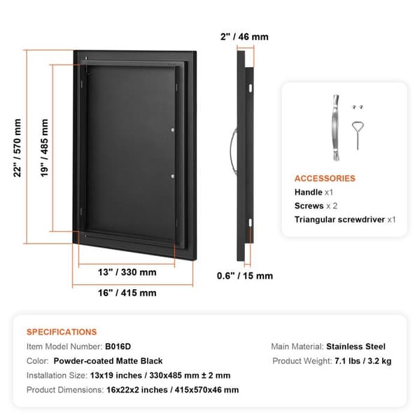 Adgangsdør til grill - DUOKU - B016D - Mat sort belægning - Indbygget montering - 415x570x46 mm