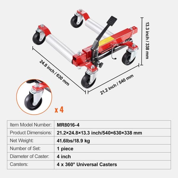 Vagn med hjul - DUOKU - MR8016-4 - Kapacitet 1500 lb - Rotera 360° - Röd