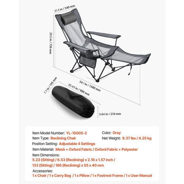 Fällbar Campingstol - DUOKU - YL-15005-2 - 4 Justerbara Positioner - Fotstöd - 100 kg - Grå Grå