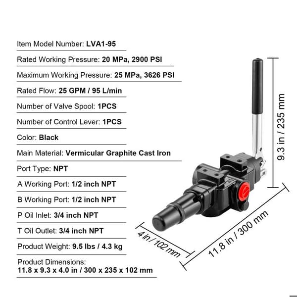 Hydraulisk Klyvningsventil 1 Spole-Duoku-Joystickkontroll-Direktionell Hydraulik 25 GPM