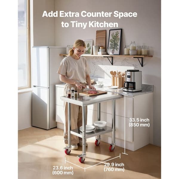 Arbejdsbord - DUOKU - 76 x 60 cm - Rustfrit Stål - Rulleskub - Justerbar Hylde
