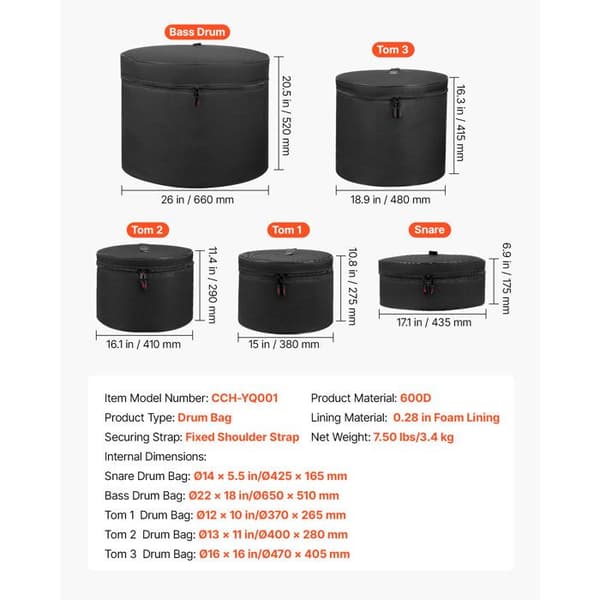 Set med fodral för trumset-Duoku-600D-Set med 5 väskor för transport-med tjock vaddering