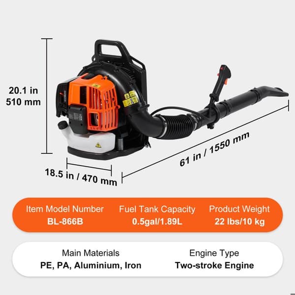 Ryggblåsare - DUOKU - 63CC - 220 MPH - 1,89 L - Gräsmatta och Snöskottning