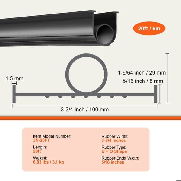Dørpakninger - DUOKU - JN-20FT - Sort gummi - 6 m - U-form tætning Svart