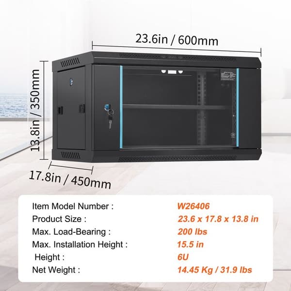 Väggmonterad servergarderob - DUOKU - W26406 - 6U - Djup 15,5 tum - Kapacitet 200 lb