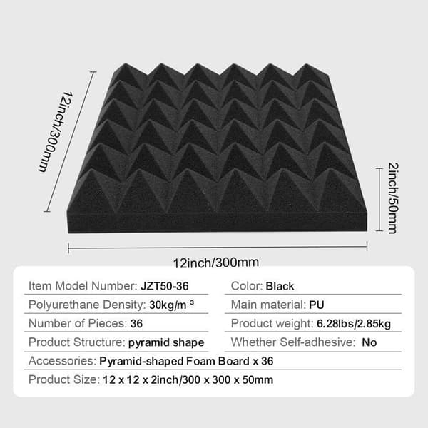 Akustikskum paneler-Duoku-30 x 30 x 5 cm-Ljudisolering väggpaneler med pyramidform-36 stycken set