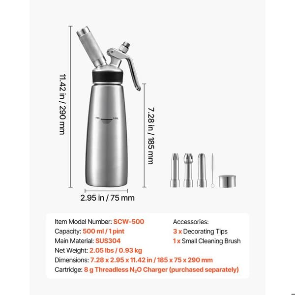 Flødeskumssyphon 500 mL - Duoku - Ideel til Kaffe og Bagværk, Designet til Entusiaster. Fremstillet i Rustfrit Stål 304.
