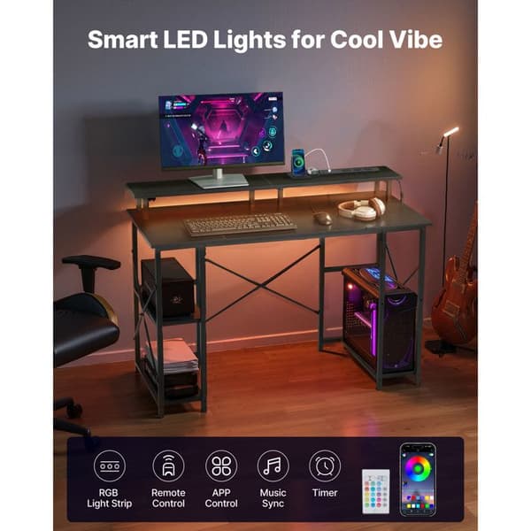 Computerbord - DUOKU - C250144D-01 - Sort - LED-belysning - Stikdåser Svart