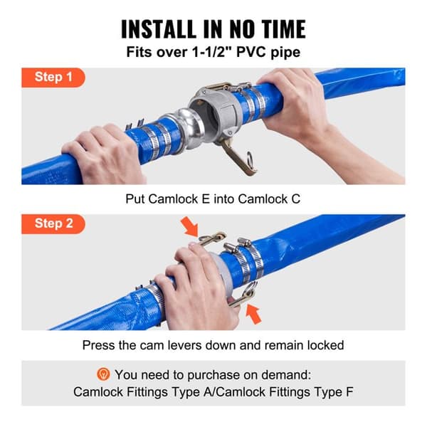 Tvättslang - DUOKU - 2 tum x 50 fot - Robust PVC - Camlock C & E kopplingar - Utomhus Blå