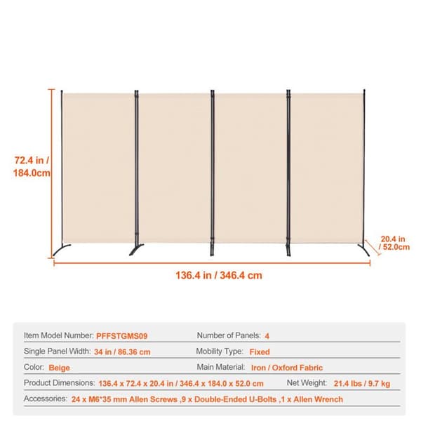 Avskiljande Vägg - DUOKU - Fällbar Rumsskärm - 4 Paneler - Beige - Inomhus beige