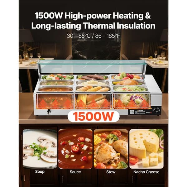 Dampvarmer - Duoku - 1500 W - Buffetvarmer i rustfrit stål - Bain-marie - med 9 beholdere på 1/3