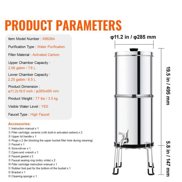 Gravitetsbaseret Vandfiltreringssystem - DUOKU - 304 - 2,25 G - Reducerer Bly - 99 % Klor