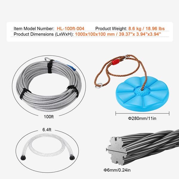 Zipline-sæt - DUOKU - 100 fod - Stål kabel - Til børn og voksne - Unisex