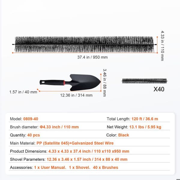 Ränndalsborste - DUOKU - 0809-40 - Längd 120 ft (36,6 m) - Diam. 110 mm - Förpackning med 40 svart