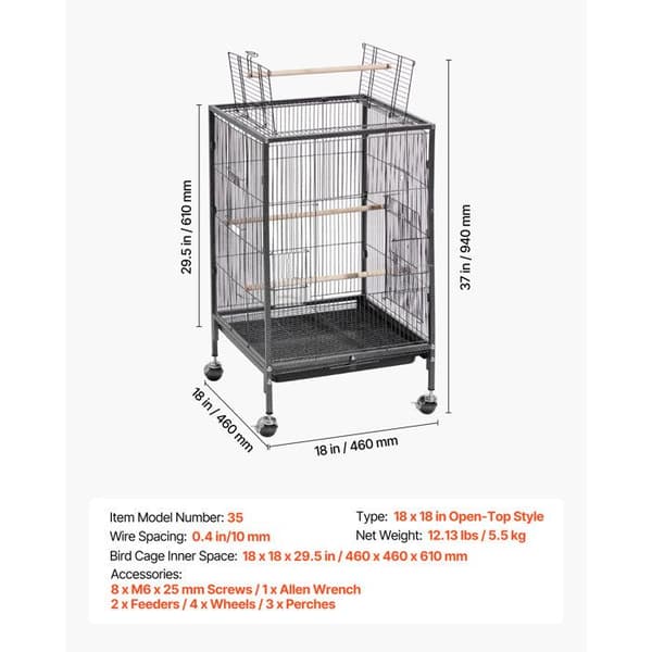 Fågelbur - DUOKU - Modell 35 - 46x46x77 cm - Öppningsbart platt tak - 360° hjul med bromsar