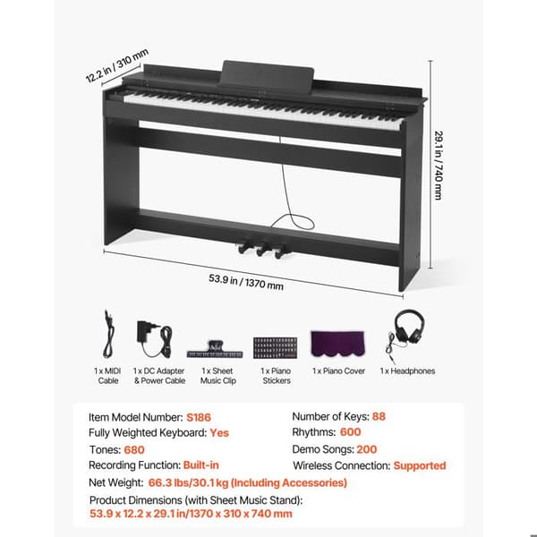Digitalpiano - DUOKU - S186 - 88 viktade tangenter - 680 ljud - Trådlös anslutning Svart
