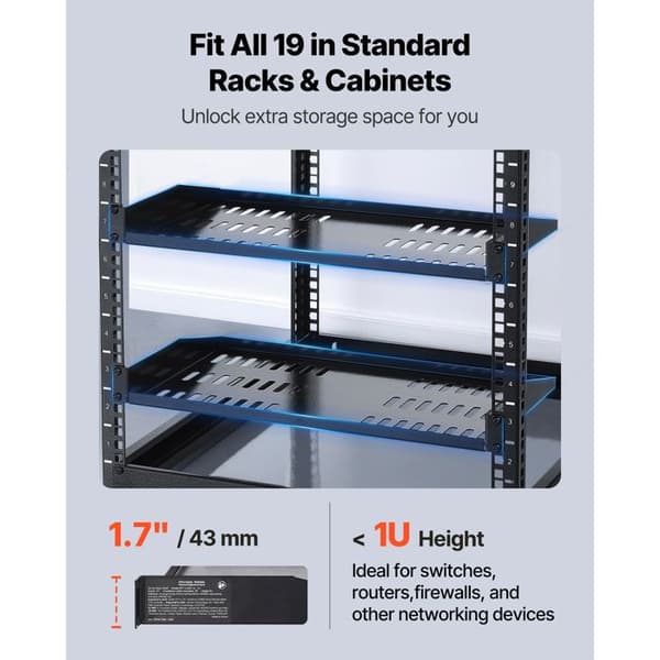 Server Rack Hylde 1U-Duoku-Sæt af 4-Dybde 25,4 cm-Bæreevne 22,68 kg-med Perforeret Hylde