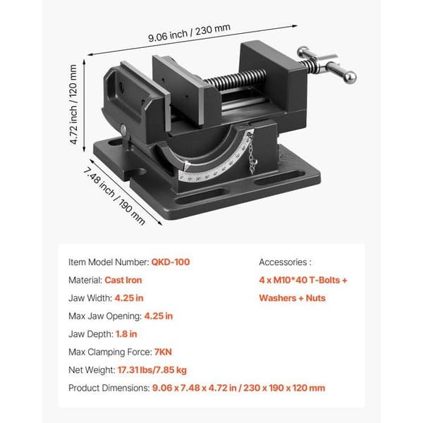 Vinklingsbart skruvstycke för pelarborrmaskin - DUOKU - QKD-100 - Käft 108 mm - Gjutjärn - Vinkling 0–90°