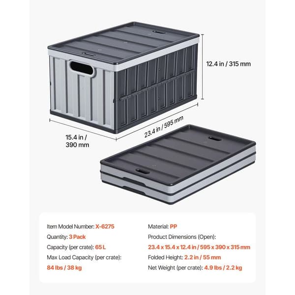 Fällbar Plastlåda med Lock 65 L-Duoku-3-pack, Ideal för Hemmet, Bilen, Camping, Svart och Grå
