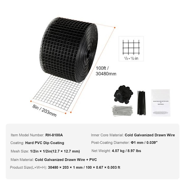 Beskytterkit til Solpanel - DUOKU - 8 in x 100 ft - 70 Fastgøringer - Rustrød PVC - Sort