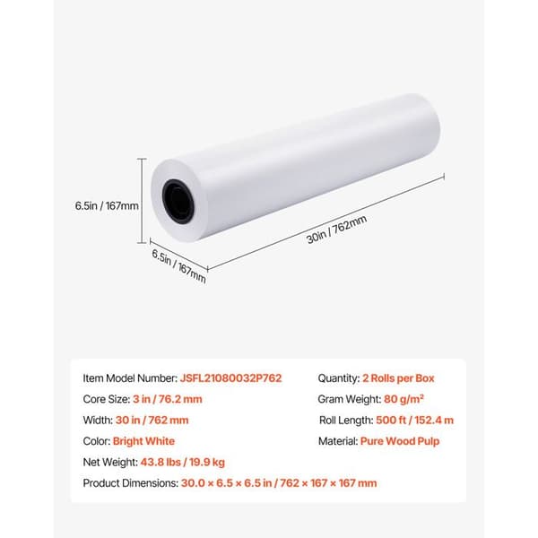 Hvid Tegnepapir Rulle-Duoku-Stor Format 762 mm x 152,4 m-Pack med 2 Ruller til CAD Plotter, Kerne på 76,2 mm
