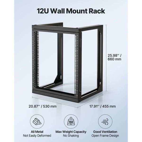 Rack Vægmaleri 12U til Server-Duoku-Åben Ramme-Dybde 455 mm-Bæreevne 68 kg-Åbning 180°