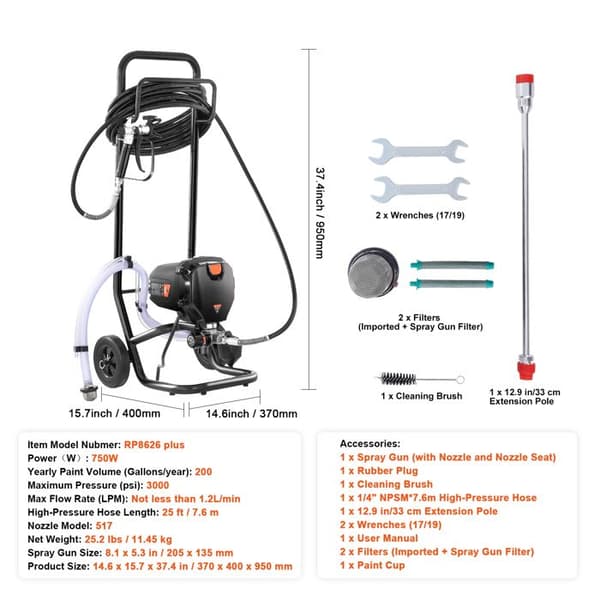 Luftlös färgspruta - DUOKU - RP8626 Plus - 750 W - 3000 PSI - Flöde ≥1,2 L/min
