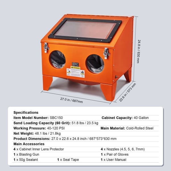 Sandblästringskåp - DUOKU - SBC150 - 40 gallons (151 L) - Robust stål - 40-120 PSI