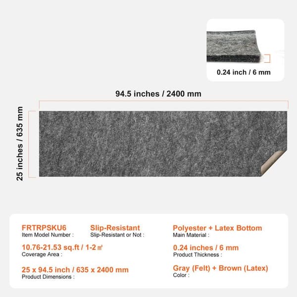 Antiskidmatta - DUOKU - 25 x 94,5 tum - 0,24" tjock - Polyester - Rektangulär Grå (ull) + Brun (latex)