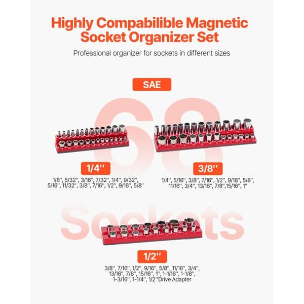 Set med Magnetiska Hylsor- Duoku- 3 Delar- 1/4'', 3/8'', 1/2'' SAE- Kan Hålla Upp till 68 Delar