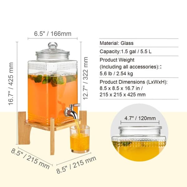 Drikkevaredispenser - DUOKU - 1,5 Gallon - Glas - Støtte i Rustfrit Stål - Kran