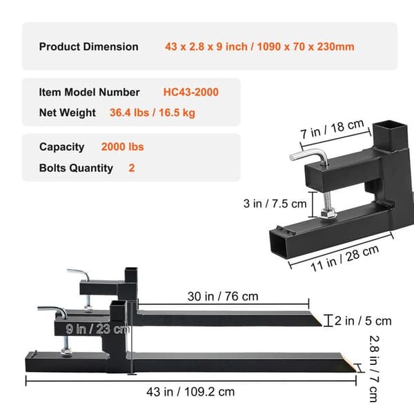 Pallgafflar - DUOKU - HC43-2000 - Kapacitet 907 kg - Längd 1090 mm (43") - Vikt 16,5 kg