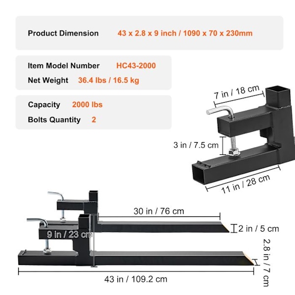 Robuste Pallet Gaffel-Duoku-907 kg Kapacitet-43 tommer Grip Gaffel-Frontrender Tilbehør til Traktor