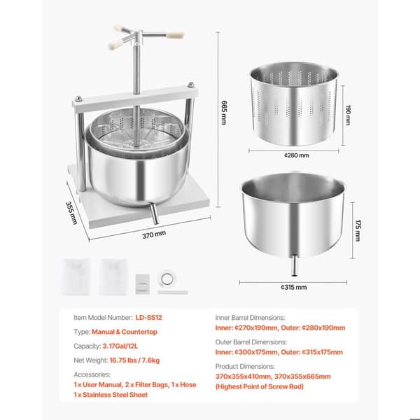Manuel Frugtpresser - DUOKU - 12L - Rustfrit Stål - Saftmaskine - Cider og Mere