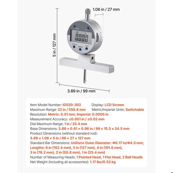 Digital Mikrometer-Duoku-Dybde 0-558,8 mm-Opløsning 0,01 mm-med 4 Kæber