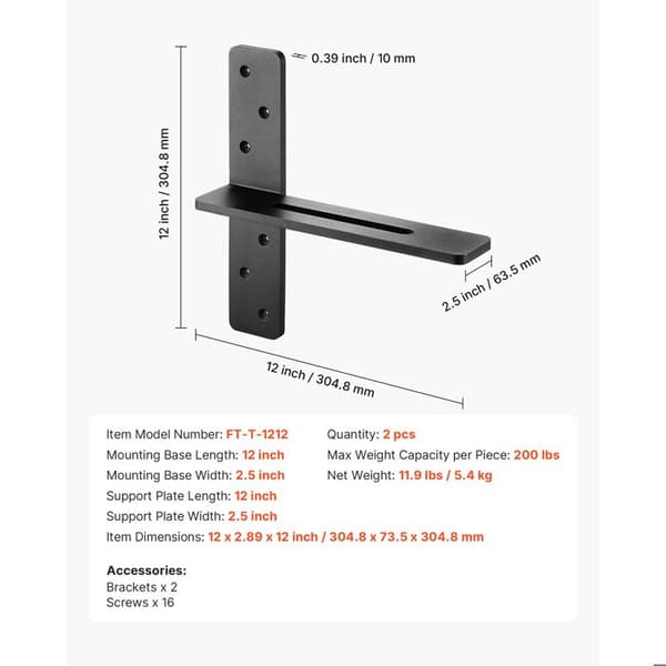Hyldestøtte - DUOKU - Model FT-T-1212 - Sæt med 2 - Kapacitet 200 lb - Robust metal