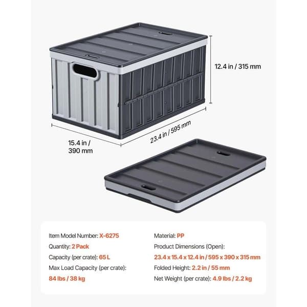 Fällbar Plastlåda-Duoku-med Lock 65 L, 2-pack, Praktisk och Stapelbar Förvaringslåda, Svart och Grå