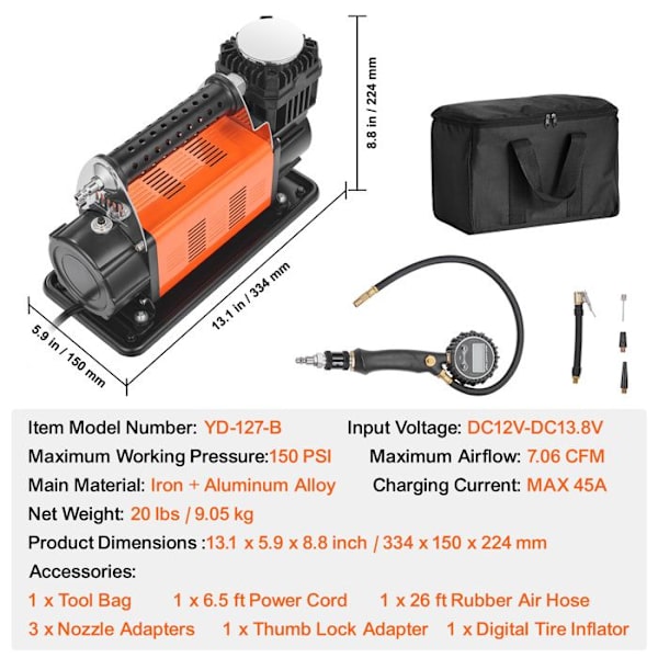 Luftkompressor - DUOKU - YD-127-B - Bärbar Pump - Digital Manometer - 7,06 CFM