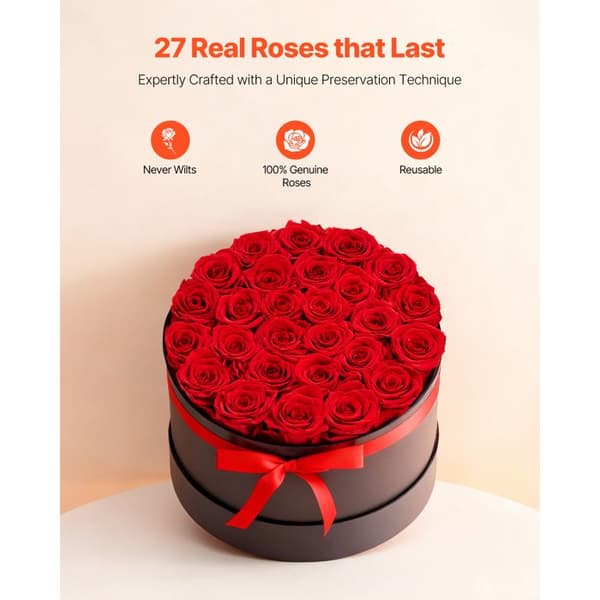 Bouquet - DUOKU - Rund Box - 27 Bevarede Rosen - Rød - Holdbar - Gave Klar röd