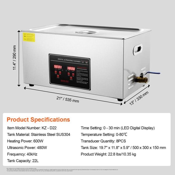 Ultralydsrenser - DUOKU - 22 L - 40 kHz - Opvarmning 650 W - Digital timer