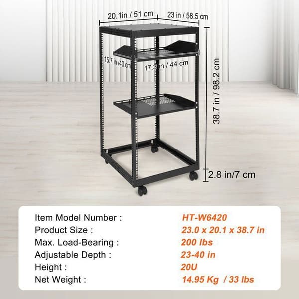 Öppen ram serverrack - DUOKU - HT-W6420 - 20U - Justerbart djup 23–40 tum - Väggmonterad/fritt stående