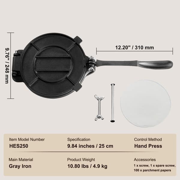 Tortillapress - DUOKU - HES250 - Förkryddad gjutjärn - 25 cm (10") - 100 bakplåtspapper Grå