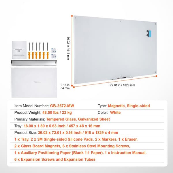 Magnetisk Whiteboard - DUOKU - 72"x36" - Tempereret Glas - Væghængt - Tør-ud