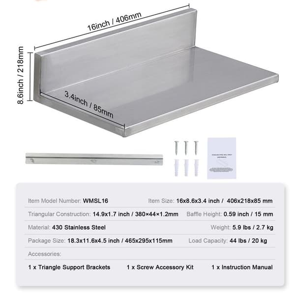 Vägg hylla - DUOKU - 16" x 8,6" - Rostfritt Stål - Väggmontering - Robust