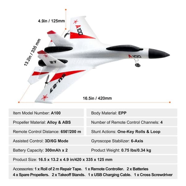 RC-flygplan - DUOKU - A100 - 4 kanaler - 6 axlars gyroskop - 2 batterier 300 mAh