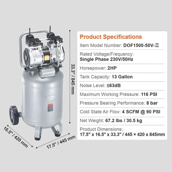 Luftkompressor - DUOKU - 13 Gallon - Oljesfritt tank - Ultra tyst 63 dB - 2 HK