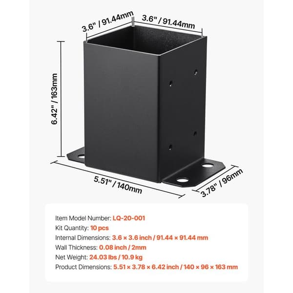 Understøttelse af Træpæle - Duoku - Robust Base i Kulstofstål - 91,44 x 91,44 mm - til Terrasserækværk, Pavillon